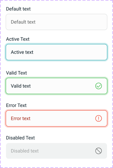 Text field — default, active, valid, error, and disabled states defined once and inherited everywhere