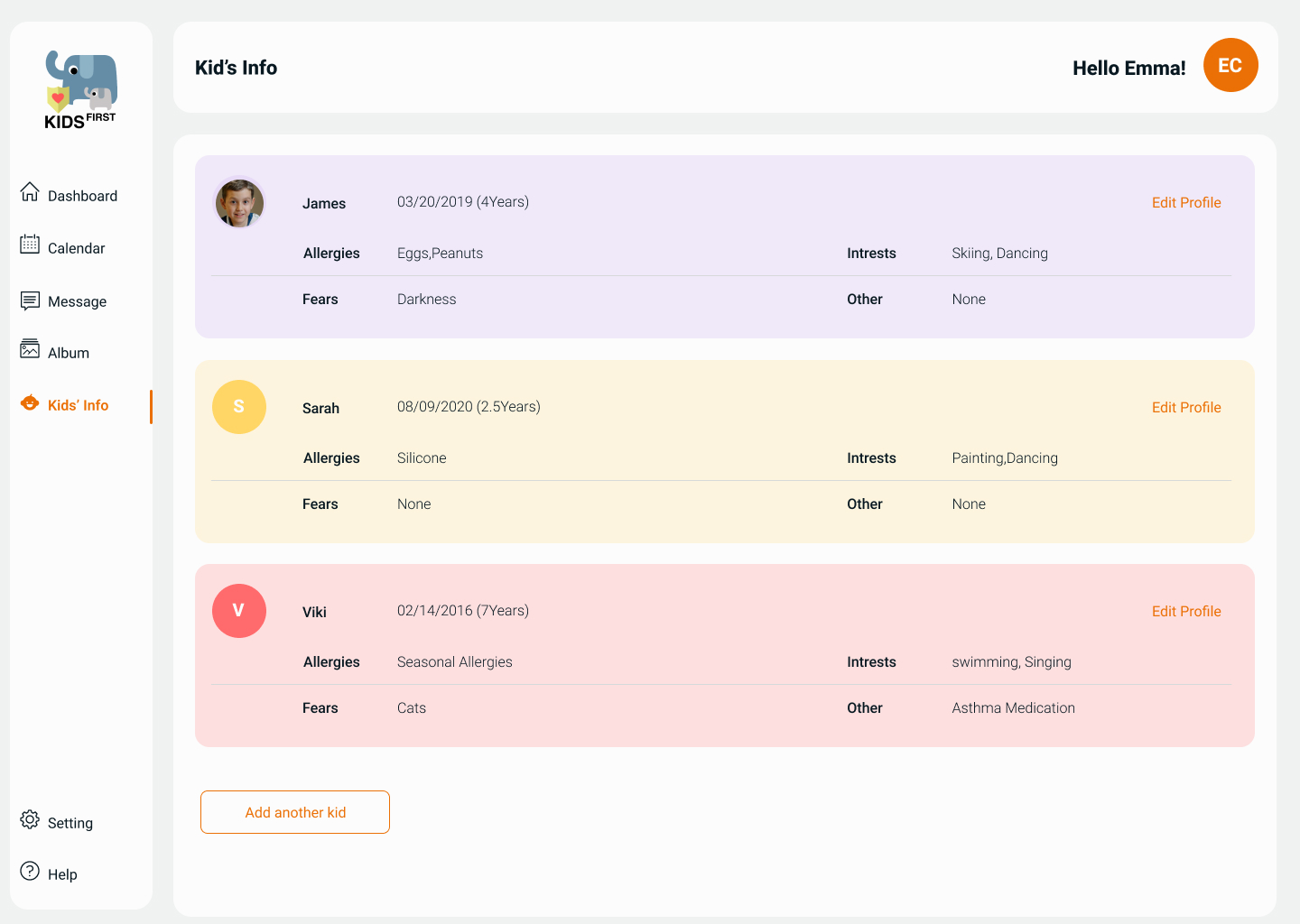 Child profile — allergies, care information, interests, and fears held in one structured place per child
