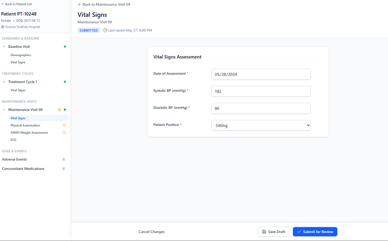 Site User data entry — clinical sidebar for orientation, single focused form in the workspace