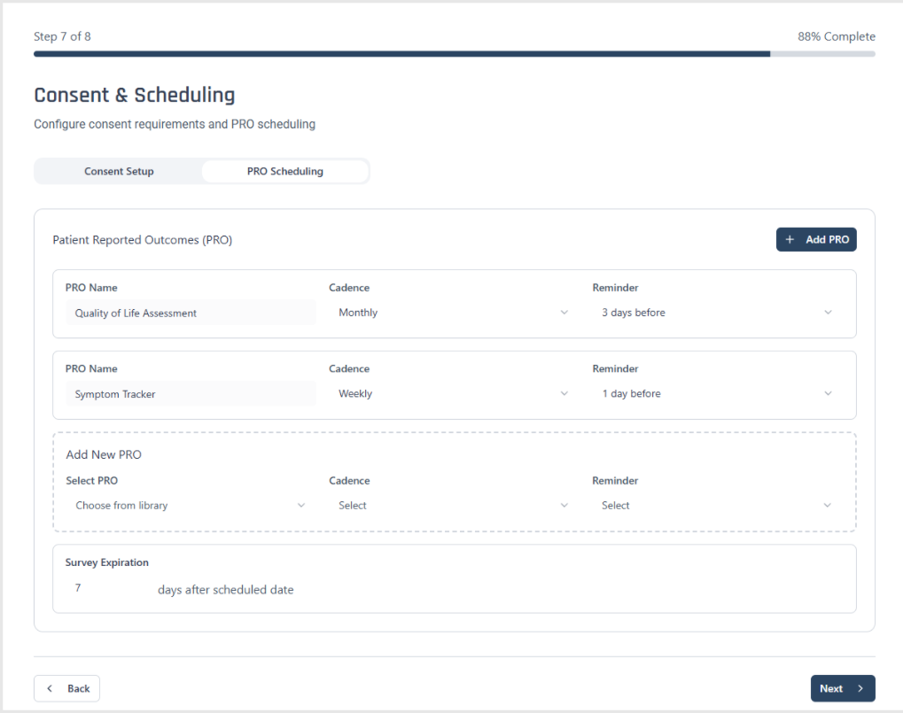 Step 7 — Consent & Scheduling: consent setup alongside PRO cadence, reminders, and survey expiration