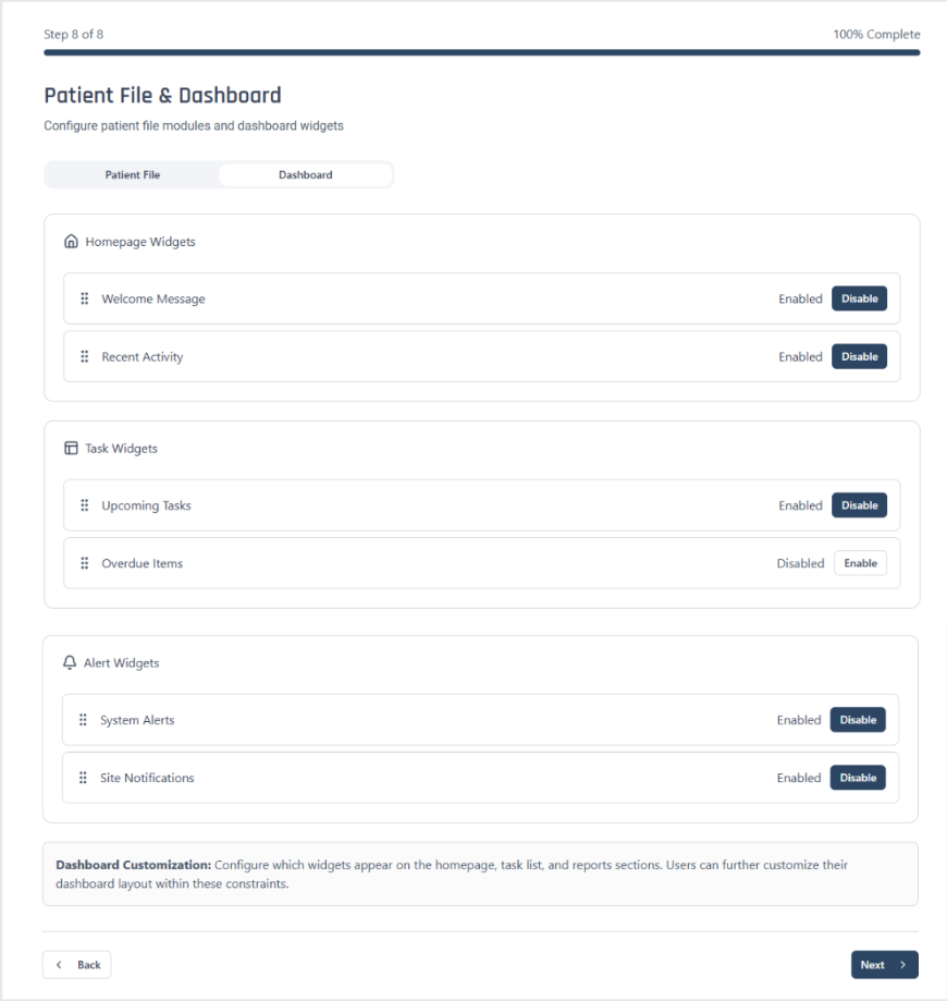 Step 8 — Dashboard: homepage, task, and alert widgets toggled per registry within design constraints