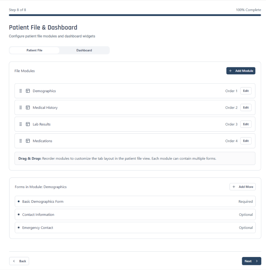 Step 8 — Patient File: drag-and-drop module ordering and per-module form configuration