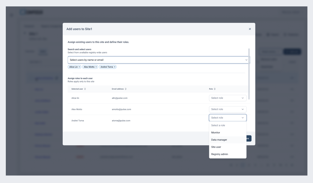 Access — adding users to a site, scoped to the registry