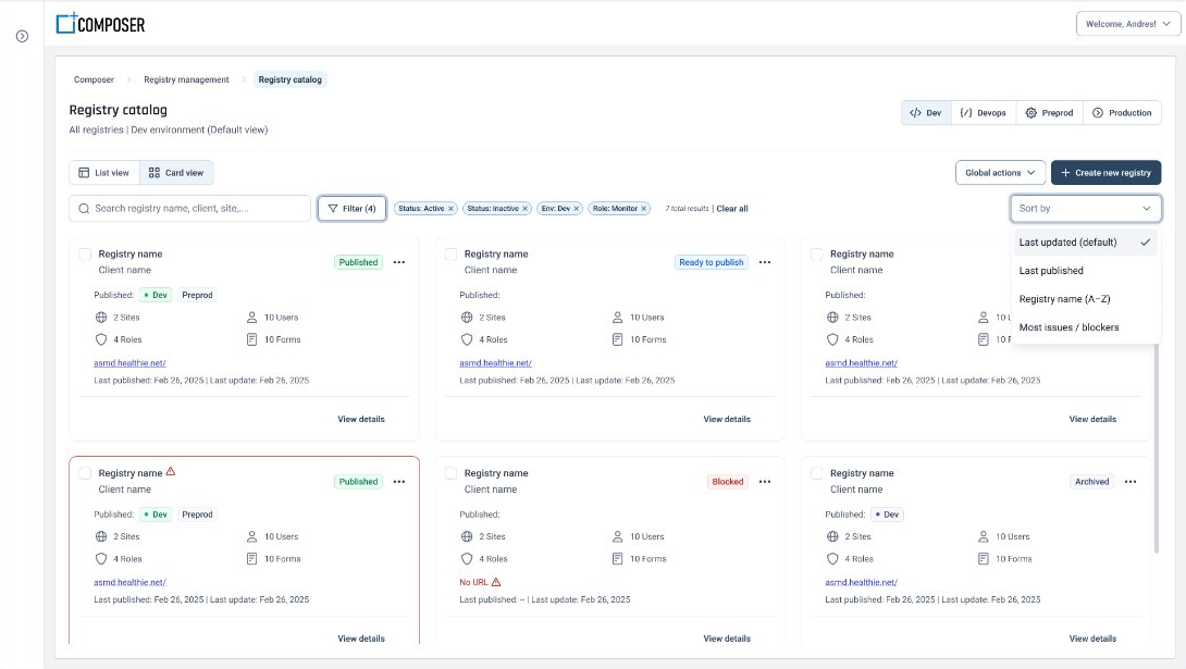 Quick actions in place — configure, deploy, or open a registry without leaving the catalog