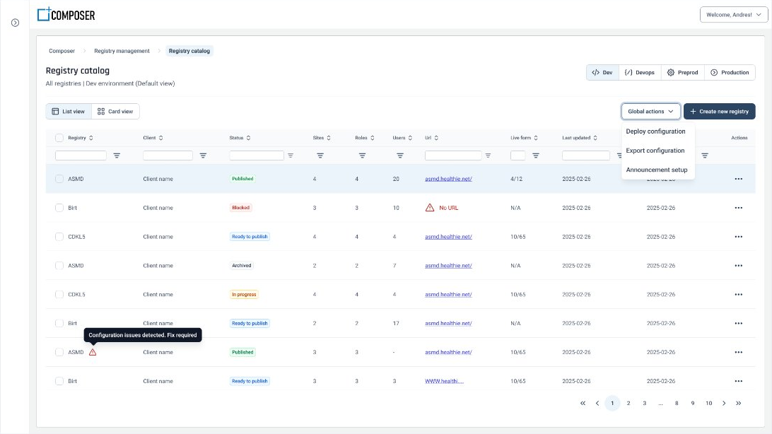 Registry catalog — filtering and status states across all four environments