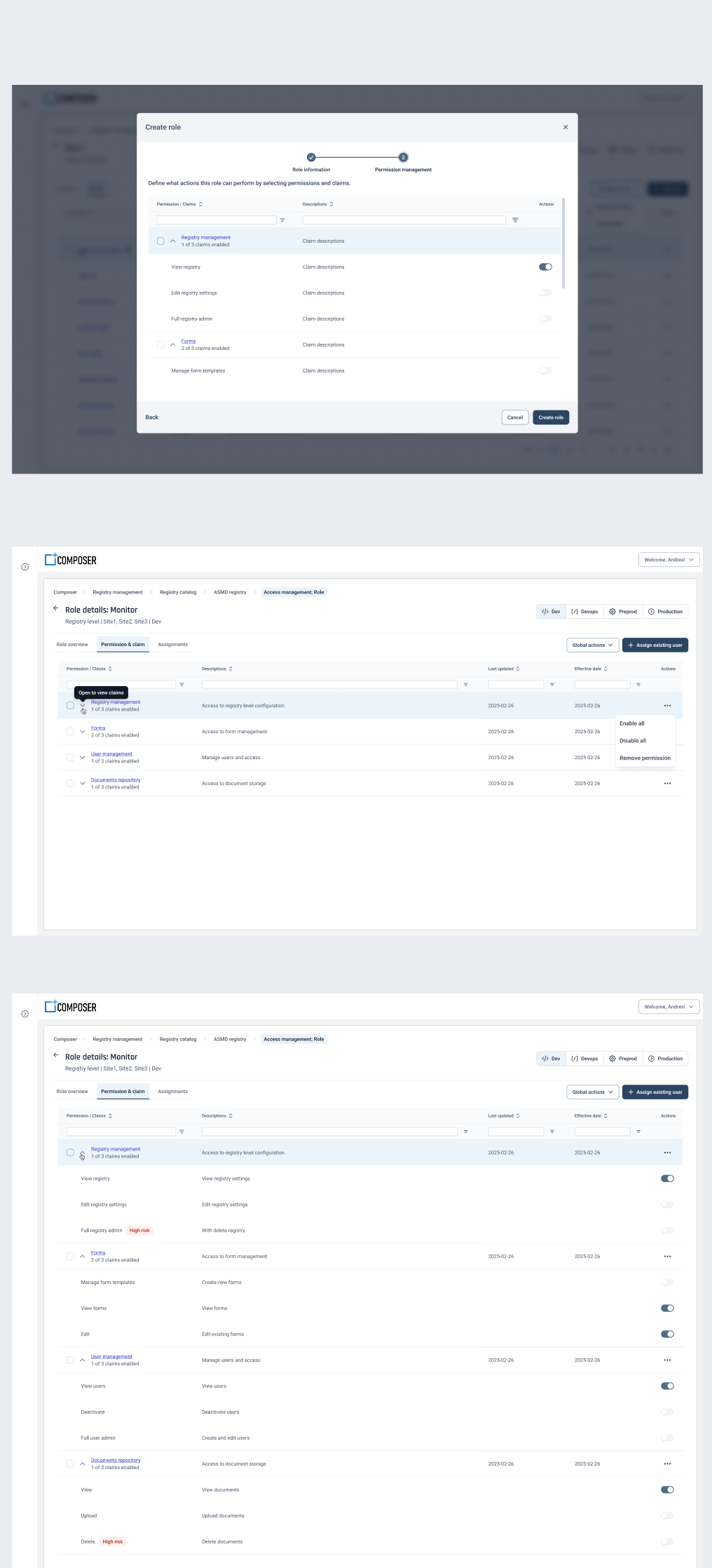 Create role — the permission matrix engineering built the access model from