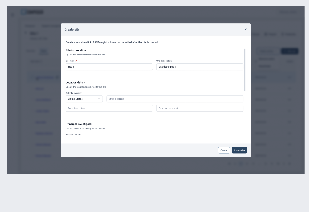 Create site — scope, launch state, and required fields specified against the shared readiness model