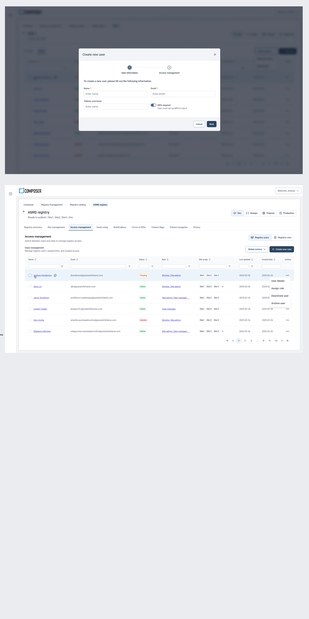 Create user — assigning a person to this registry with the role and scope that determine what they see