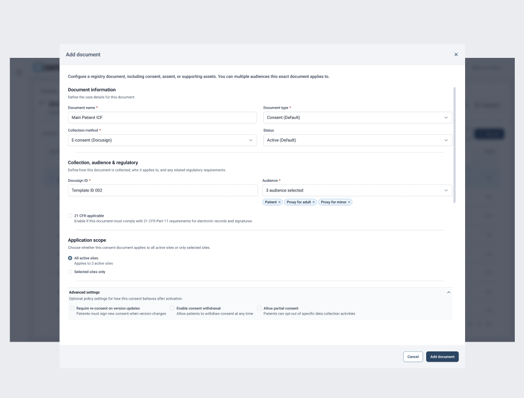 Registry documents — consent and document templates managed in place