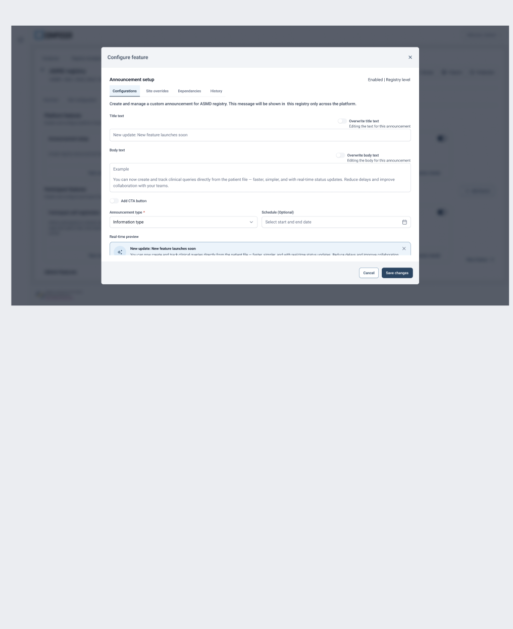 Configure feature at registry level — availability, dependency state, and configuration status