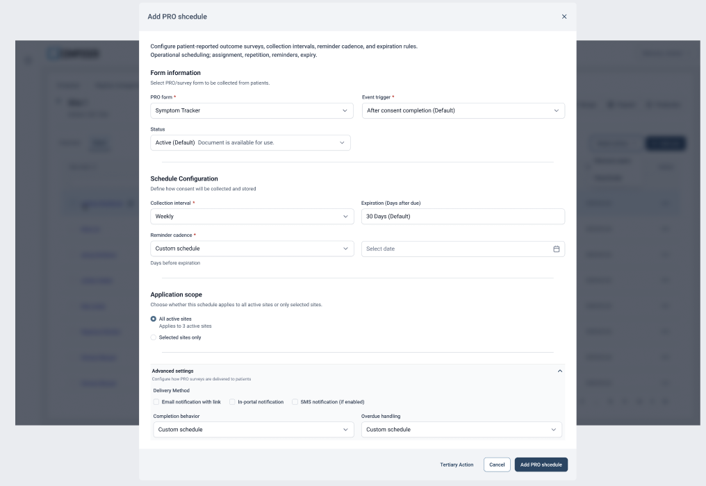 Add PRO schedule — instrument, collection cadence, and reminder strategy in one flow