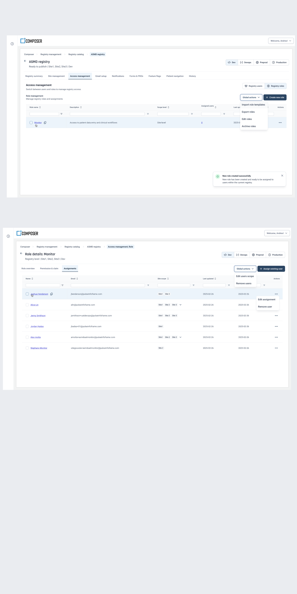 Role details for Monitor — the permissions and claims that produce the monitor-specific rendering