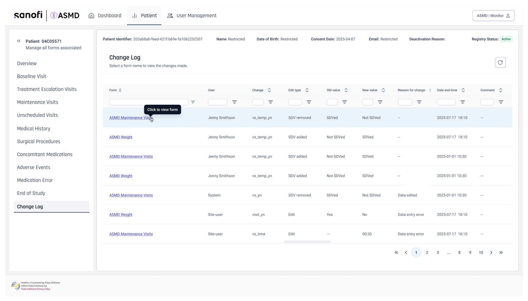 The resulting log — form, user, change type, old and new value, reason, and timestamp, distinguishing a data edit from an SDV state change