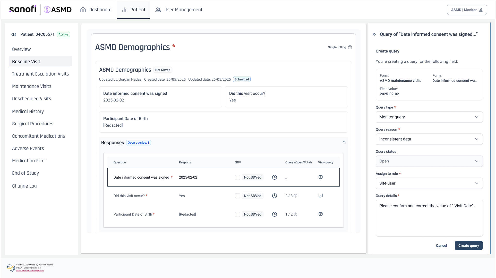 A redacted field still carries its verification and query status, so a monitor can see there is an open question on it without the value being exposed to ask about it