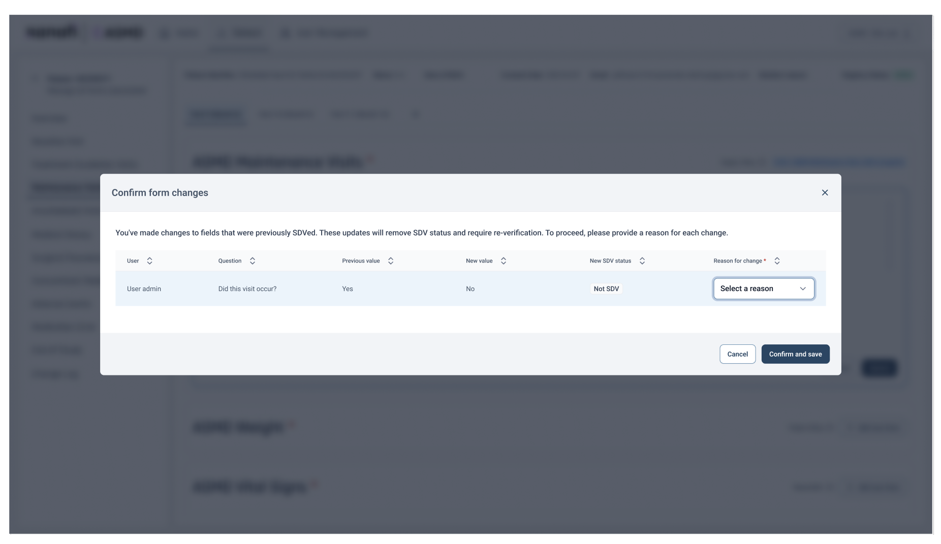 The interception — a response that changes previously verified data lists each affected field with its resulting SDV status and requires a reason before the save completes