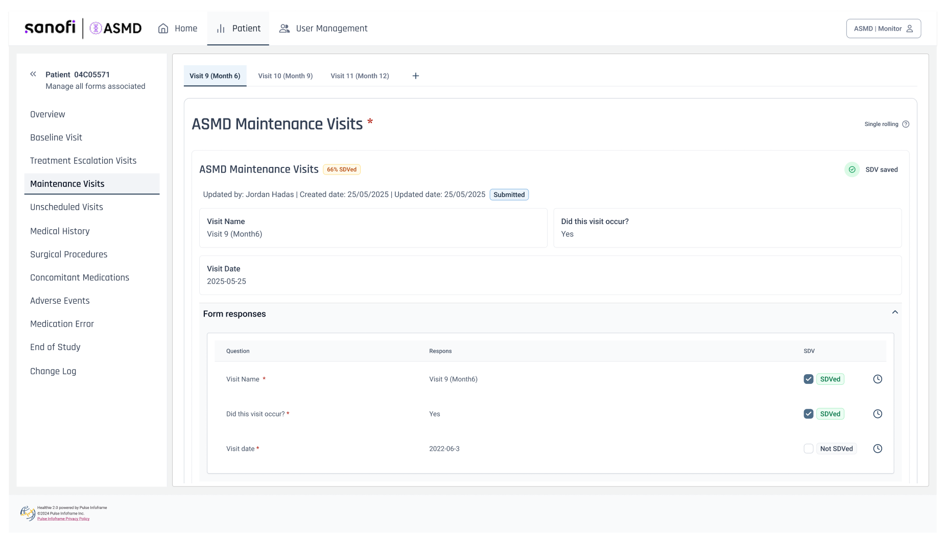 The site user's view of the same form — submission state and per-field SDV status are visible, but the verification controls are not theirs to operate
