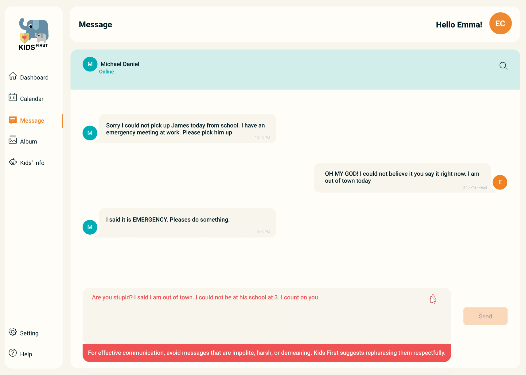 The intervention — the phrasing is marked inline, the reason is stated in plain language, and Send is held. Nothing is deleted and nothing is rewritten for the parent