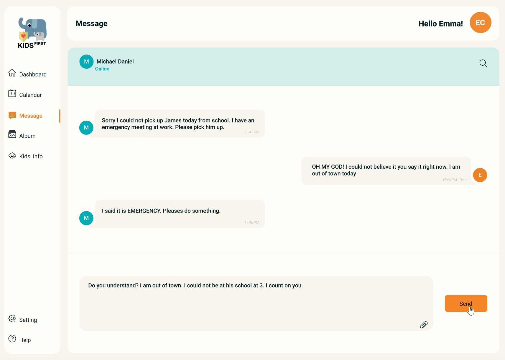 Resolved — the parent's own rewrite clears the flag and Send becomes available. Same facts, same request, different sentence