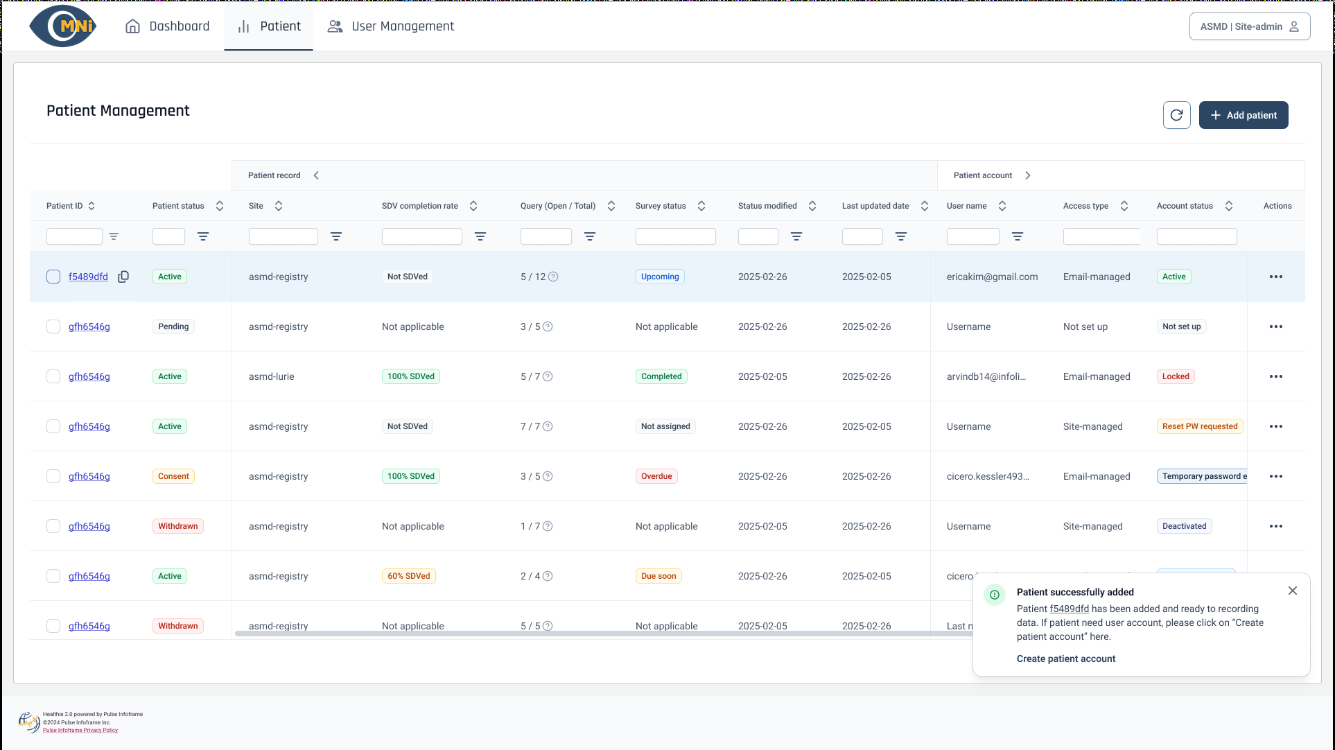 Adding a participant confirms the record is ready for data capture and offers account creation as a distinct, optional next step rather than an automatic consequence