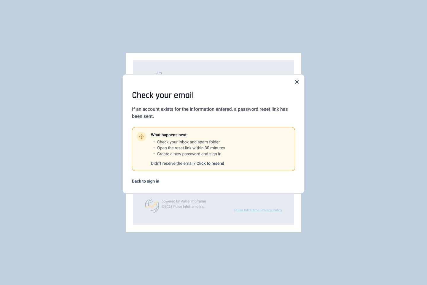 Email-managed route — neutral wording that never confirms whether an account exists, with the 30-minute window and resend path stated up front