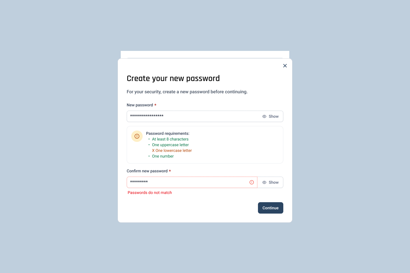 Each unmet rule is called out individually — the participant is told which one failed, not that the password is wrong