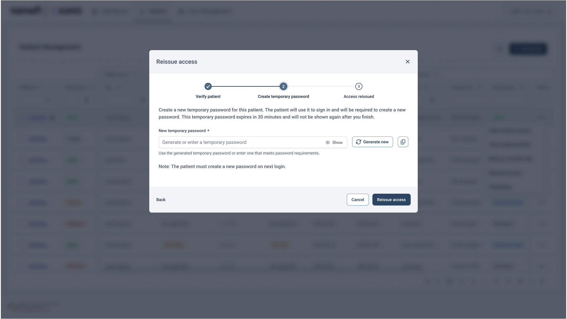The alternative to an emailed link — a coordinator generates a temporary password that expires in 30 minutes and forces the participant to set their own on first login