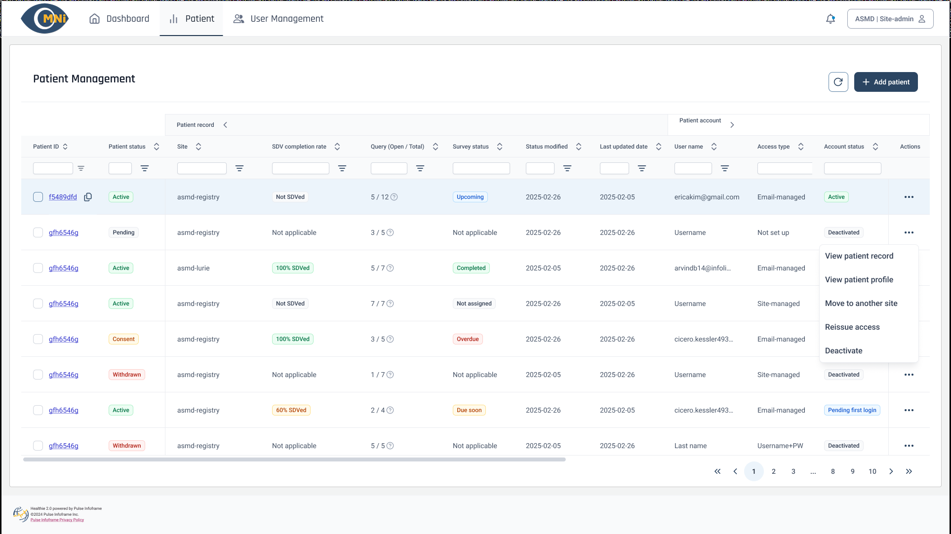Row actions keep the same separation — the patient record and the patient profile are different destinations, with reissue and deactivate acting only on access