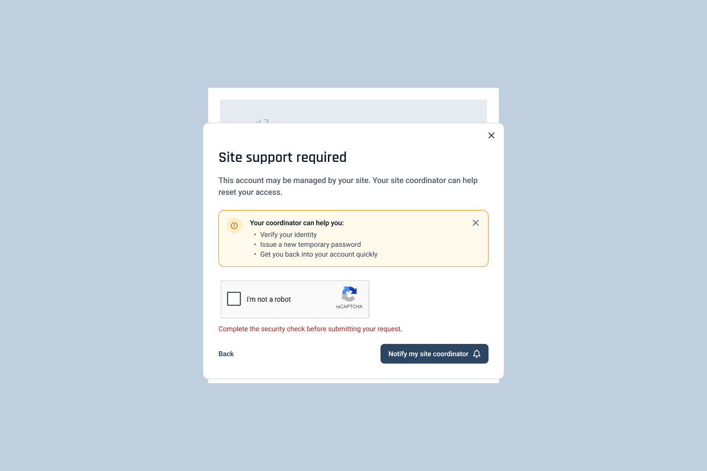 Email-less route — the coordinator's role is explained before anything is asked, and the security check blocks submission rather than failing silently