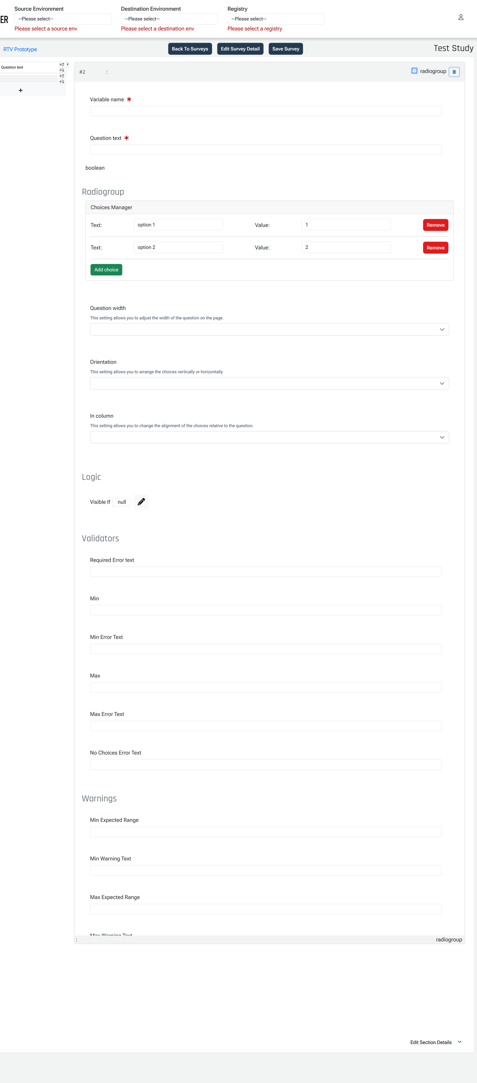 Before — the legacy builder: crowded, logic hidden, no status feedback