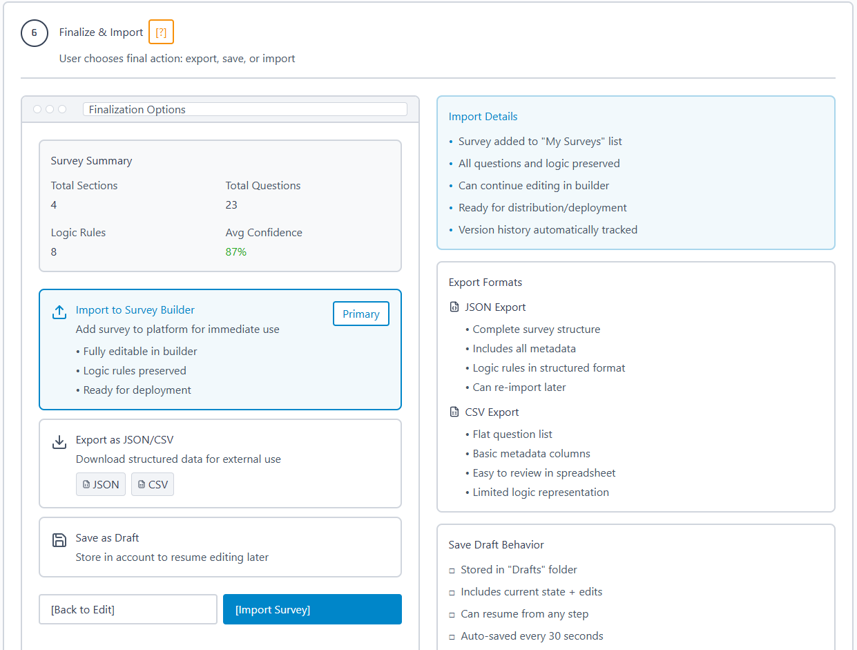 What happens after approval? — only accepted content enters the redesigned Survey Builder; the rest saves as a draft